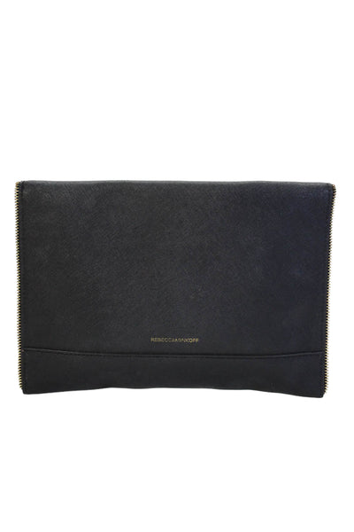 Rebecca Minkoff Womens Leather Snap Closure Envelope Clutch Handbag Black