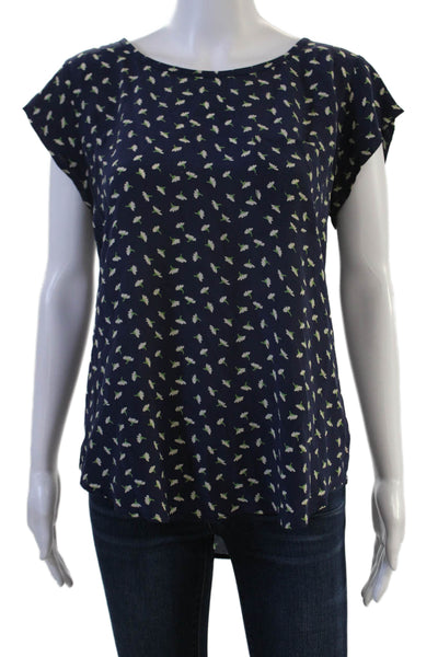 Joie Womens Dark Blue Silk Floral Round Neck Cap Sleeve Blouse Size M