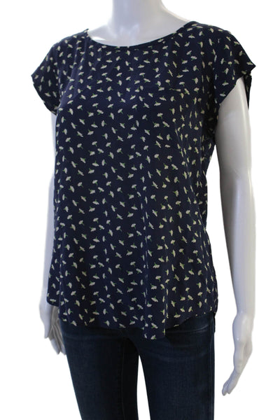 Joie Womens Dark Blue Silk Floral Round Neck Cap Sleeve Blouse Size M