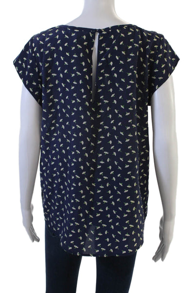 Joie Womens Dark Blue Silk Floral Round Neck Cap Sleeve Blouse Size M