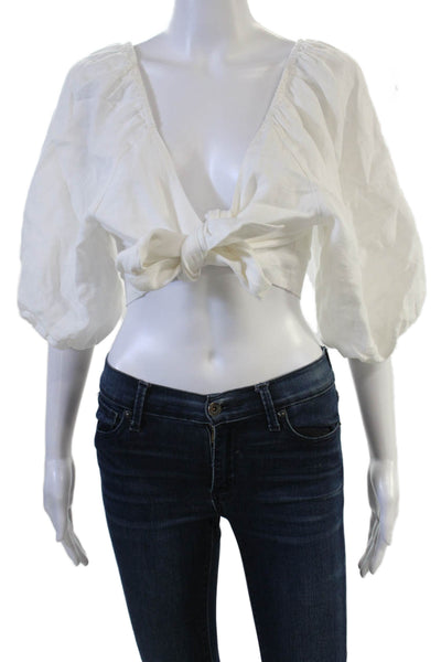 Posse Womens Cropped Linen V-Neck Bohemian 3/4 Sleeve White Blouse Size M