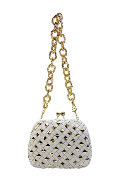 SERPUI Womens Woven Leather Studded Kiss Lock Shoulder Handbag White Gold