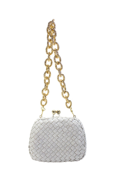 SERPUI Womens Woven Leather Studded Kiss Lock Shoulder Handbag White Gold