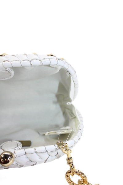 SERPUI Womens Woven Leather Studded Kiss Lock Shoulder Handbag White Gold
