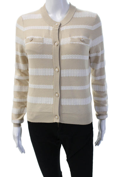 Minnie Rose Unisex Cardigan Beige Striped Crew Neck Button Long Sleeve Size S