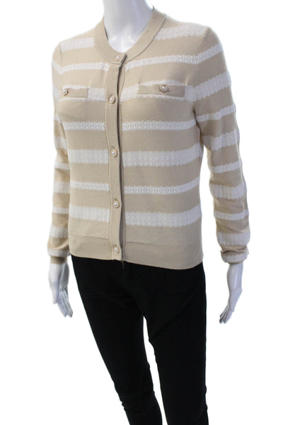 Minnie Rose Unisex Cardigan Beige Striped Crew Neck Button Long Sleeve Size S