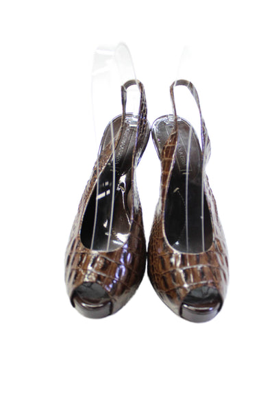 BCBGMAXAZRIA Womens Embossed Leather Slingback Heels Brown Size 37 7