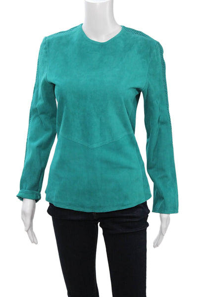 In Transit Women Green Leather Zip Crew Neck Long Sleeve Top Size S