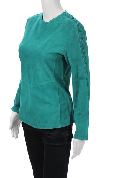 In Transit Women Green Leather Zip Crew Neck Long Sleeve Top Size S