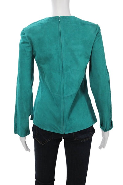 In Transit Women Green Leather Zip Crew Neck Long Sleeve Top Size S