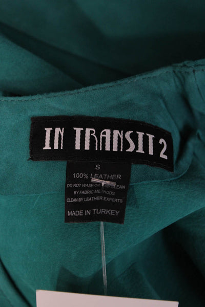 In Transit Women Green Leather Zip Crew Neck Long Sleeve Top Size S