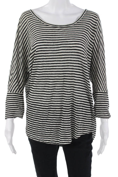 Joie Womens Tunic Blouse Black Linen Striped Batwing 3/4 Sleeve Size M