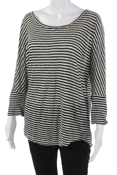 Joie Womens Tunic Blouse Black Linen Striped Batwing 3/4 Sleeve Size M