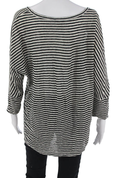 Joie Womens Tunic Blouse Black Linen Striped Batwing 3/4 Sleeve Size M