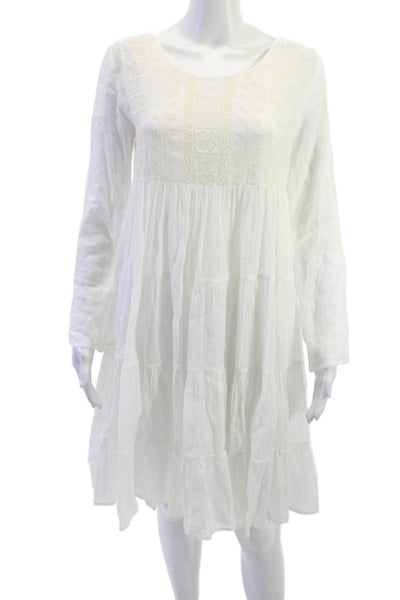Antik Batik Womens A-Line Dress White Cotton Long Sleeve Knee Length Size S
