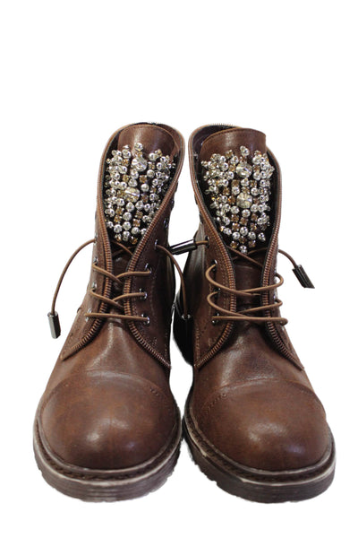 Bata Womens Leather Jeweled Lace Up Combat Ankle Boots Brown Size 36 6
