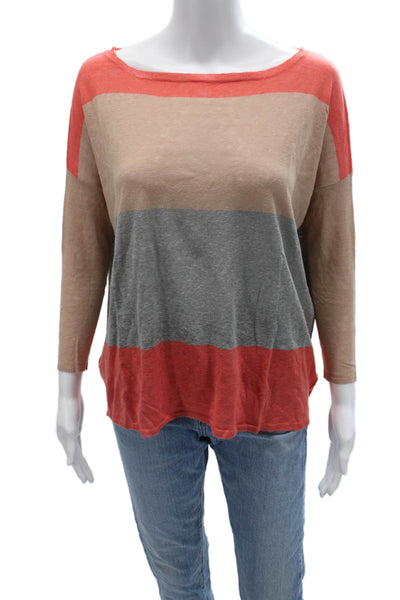 Joie Women Basic Striped Linen Silk Round Neck 3/4 Sleeve Blouse Beige Size XS