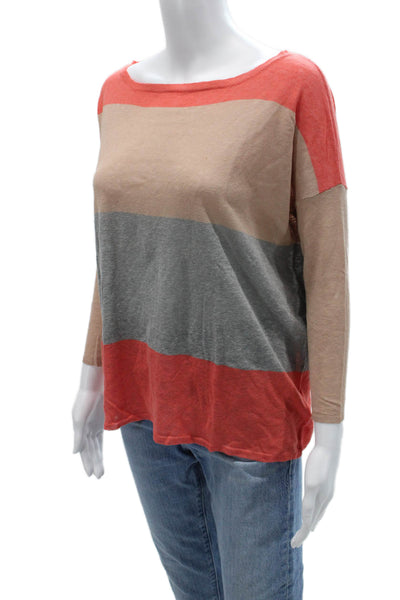 Joie Women Basic Striped Linen Silk Round Neck 3/4 Sleeve Blouse Beige Size XS