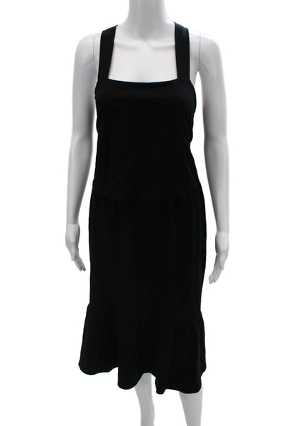 J Jill Women Black Overall Dress Sleeveless Square Neck Midi Rayon Blend Size S