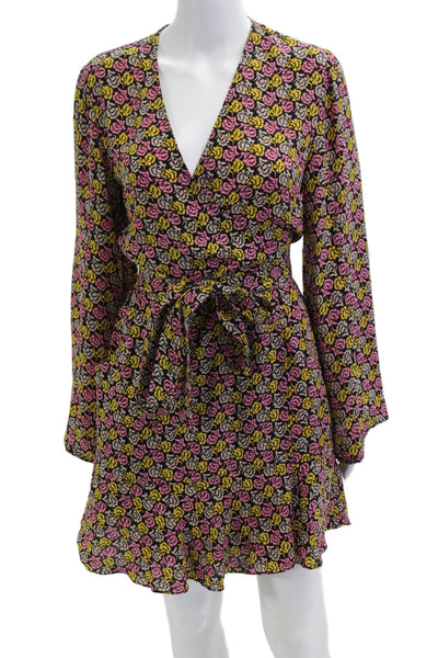 ALC Womens Silk Floral Wrap Mini Dress V-Neck Long Sleeve Black Size 6