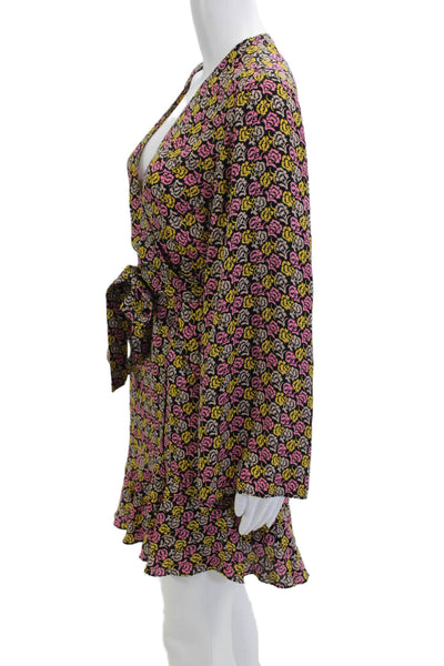 ALC Womens Silk Floral Wrap Mini Dress V-Neck Long Sleeve Black Size 6