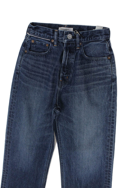 Moussy Womens Straight Jeans Dark Blue High Rise Button 28 Inseam Size 23