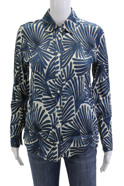 Hartford Women Collared Floral Button-Up Blouse Blue Viscose Long Sleeve Size 0