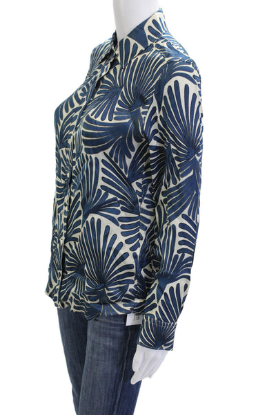 Hartford Women Collared Floral Button-Up Blouse Blue Viscose Long Sleeve Size 0