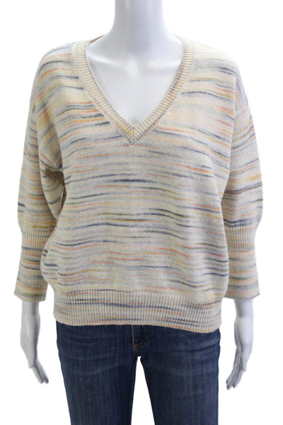 Sundays Unisex Striped V-Neck Pullover Sweater Beige 3/4 Sleeve Size S