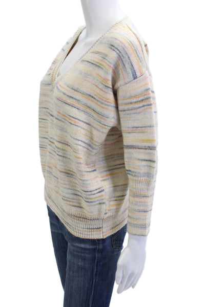 Sundays Unisex Striped V-Neck Pullover Sweater Beige 3/4 Sleeve Size S