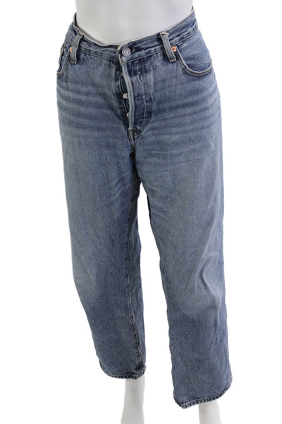 Levis Unisex Cropped Straight Jeans Blue Mid Rise Button Size 29