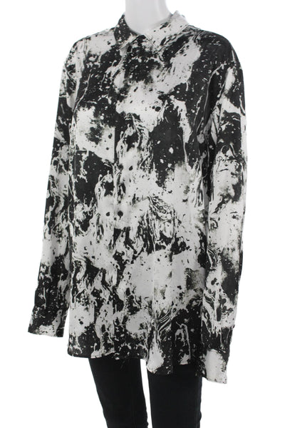 Zara Mens Point Collar Black Graphic Button-Up Shirt Size L