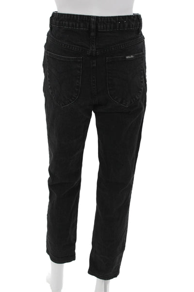 Rollas Womens Mom Cropped Jeans Black Button Mid Rise Cotton Blend Size 27