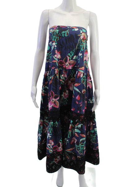 Warm Womens Maxi Sundress Dark Blue Floral Sleeveless Button Size 2