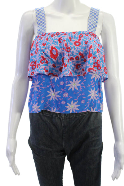 Warm Womens Cropped Silk Floral Square Neck Sleeveless Tank Blue Size 0