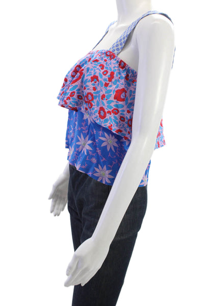 Warm Womens Cropped Silk Floral Square Neck Sleeveless Tank Blue Size 0