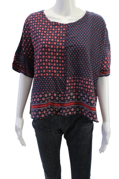 Xirena Womens Tunic Blouse Dark Blue Geometric Short Sleeve Cotton Silk Size S