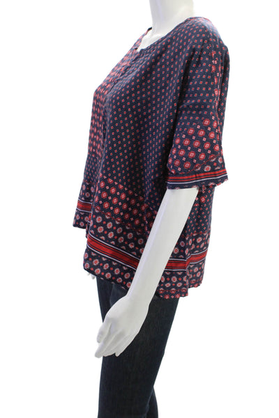 Xirena Womens Tunic Blouse Dark Blue Geometric Short Sleeve Cotton Silk Size S