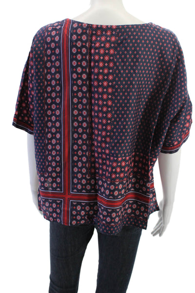 Xirena Womens Tunic Blouse Dark Blue Geometric Short Sleeve Cotton Silk Size S