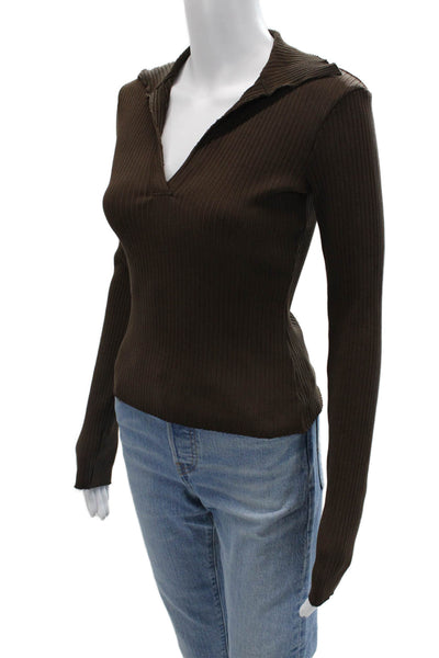 Cotton Citizen Women V-Neck Long Sleeve Brown Cotton Blend Top 90s Size XS