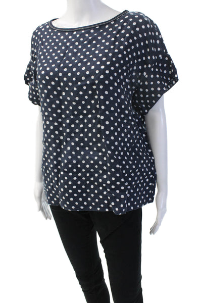 Lafayette 148 New York Women Polka Dot Linen Blouse Dark Blue Size S