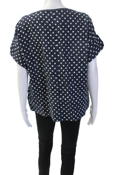 Lafayette 148 New York Women Polka Dot Linen Blouse Dark Blue Size S