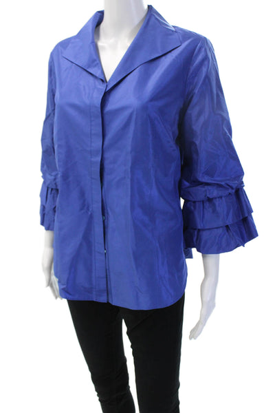 Lafayette 148 New York Women Silk Button-Up Blouse Blue 3/4 Sleeve Size 8
