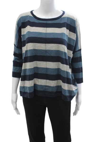 Autumn Cashmere Women Striped Cashmere 3/4 Sleeve Top Dark Blue Size S