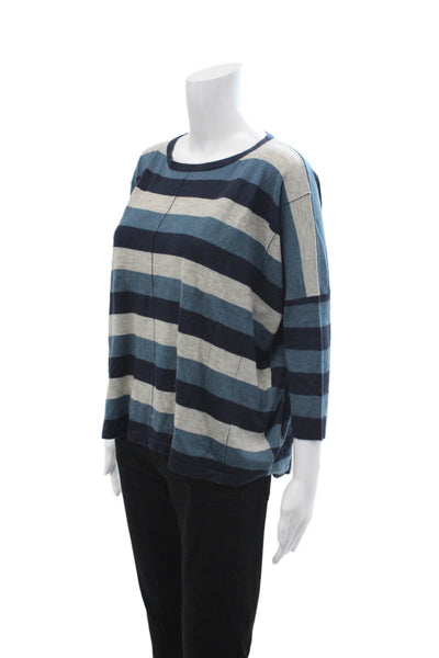 Autumn Cashmere Women Striped Cashmere 3/4 Sleeve Top Dark Blue Size S