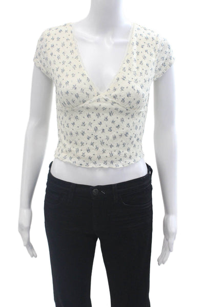 Altar'D State Womens Cropped Floral V Neck Short Sleeve Top Beige Size S