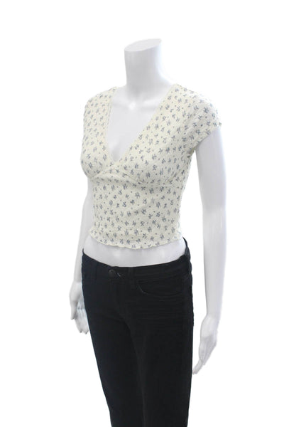 Altar'D State Womens Cropped Floral V Neck Short Sleeve Top Beige Size S