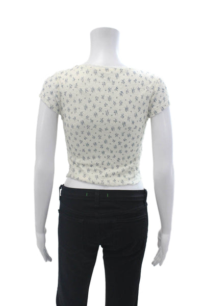Altar'D State Womens Cropped Floral V Neck Short Sleeve Top Beige Size S
