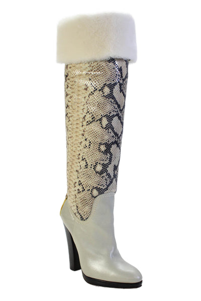 Roberto Cavalli Womens Leather Animal Print Heeled Knee High Boots Beige Size 7