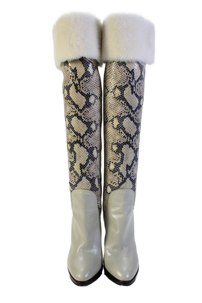 Roberto Cavalli Womens Leather Animal Print Heeled Knee High Boots Beige Size 7